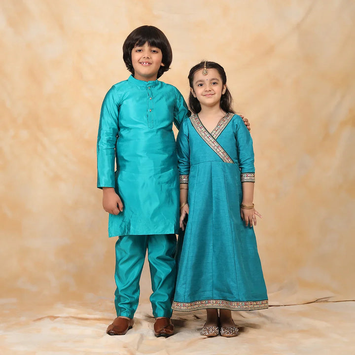 Enchanting Elegance: Peacock Green Angrakha Gown and Matching Kurta Pyjama Twin Set for Brother and Sister