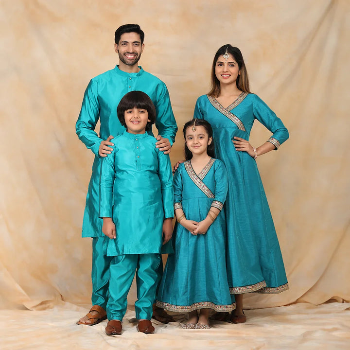 Exquisite Peacock Blue Ethnic Silk Gown with Matching Kurta Pyjama Family Matching Set