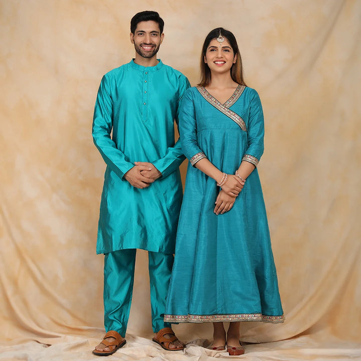 Exquisite Peacock Blue Ethnic Silk Gown with Matching Kurta Pyjama Couple Set