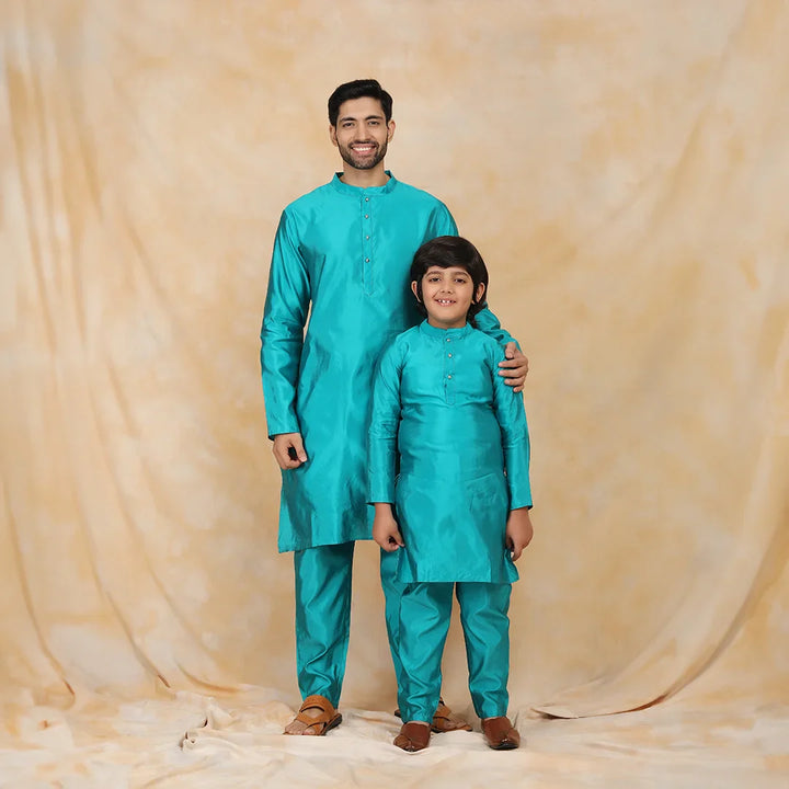 Exquisite Peacock Blue Ethnic Matching Kurta Pyjama Father & Son Twin Set