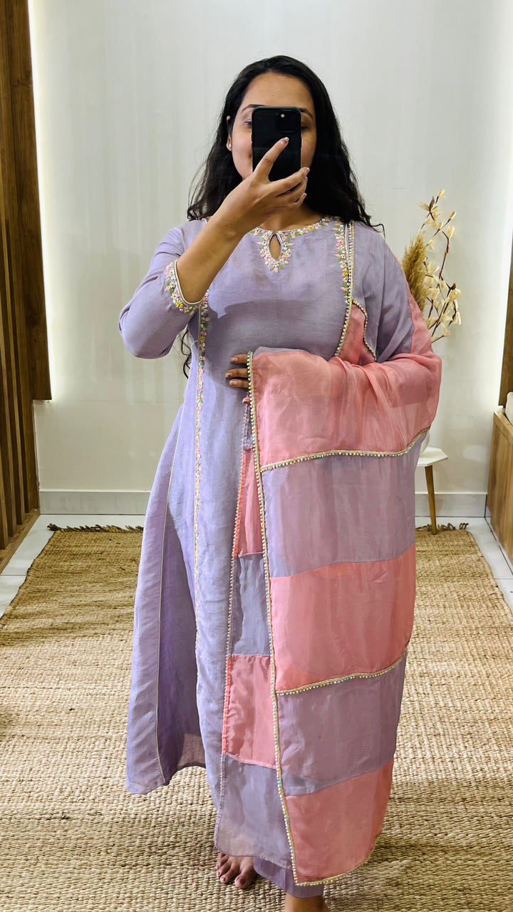 Periwinkle Kurti Set | Elegant Tissue Fabric with Khat Work Panels