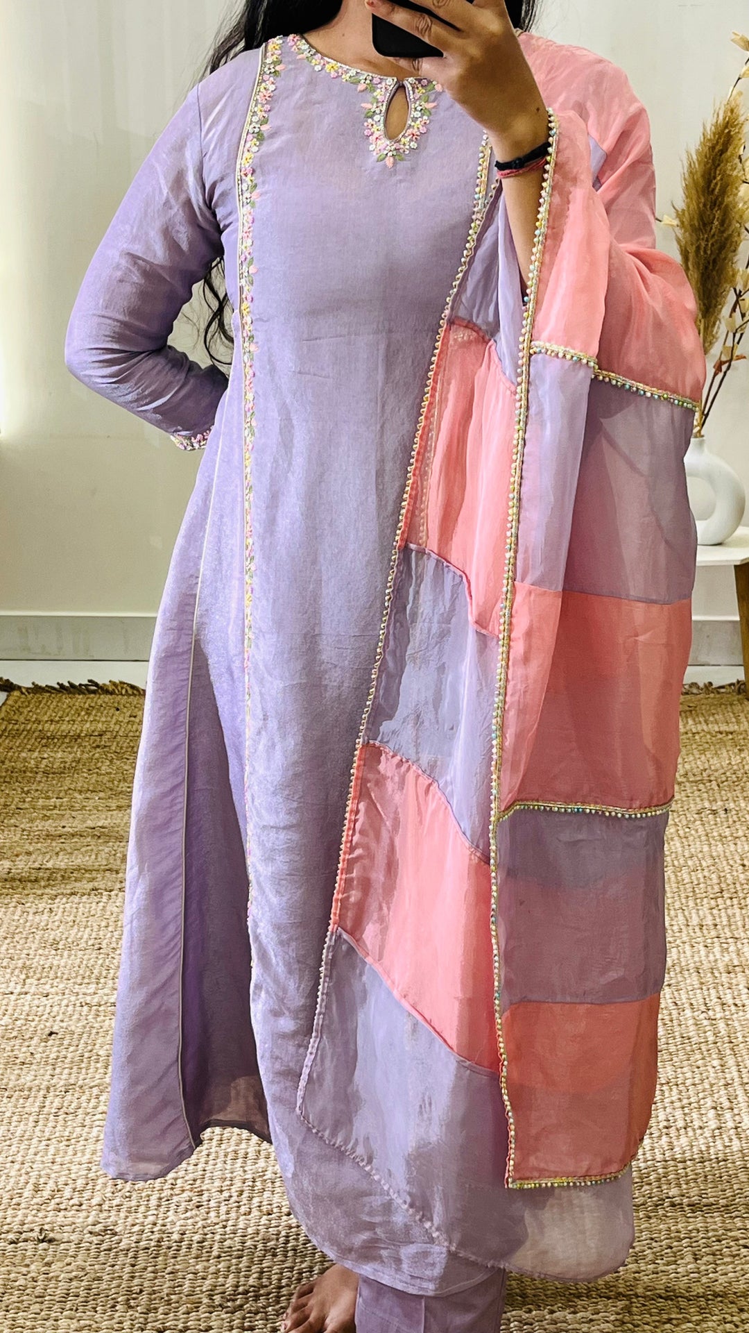 Periwinkle Kurti Set | Elegant Tissue Fabric with Khat Work Panels