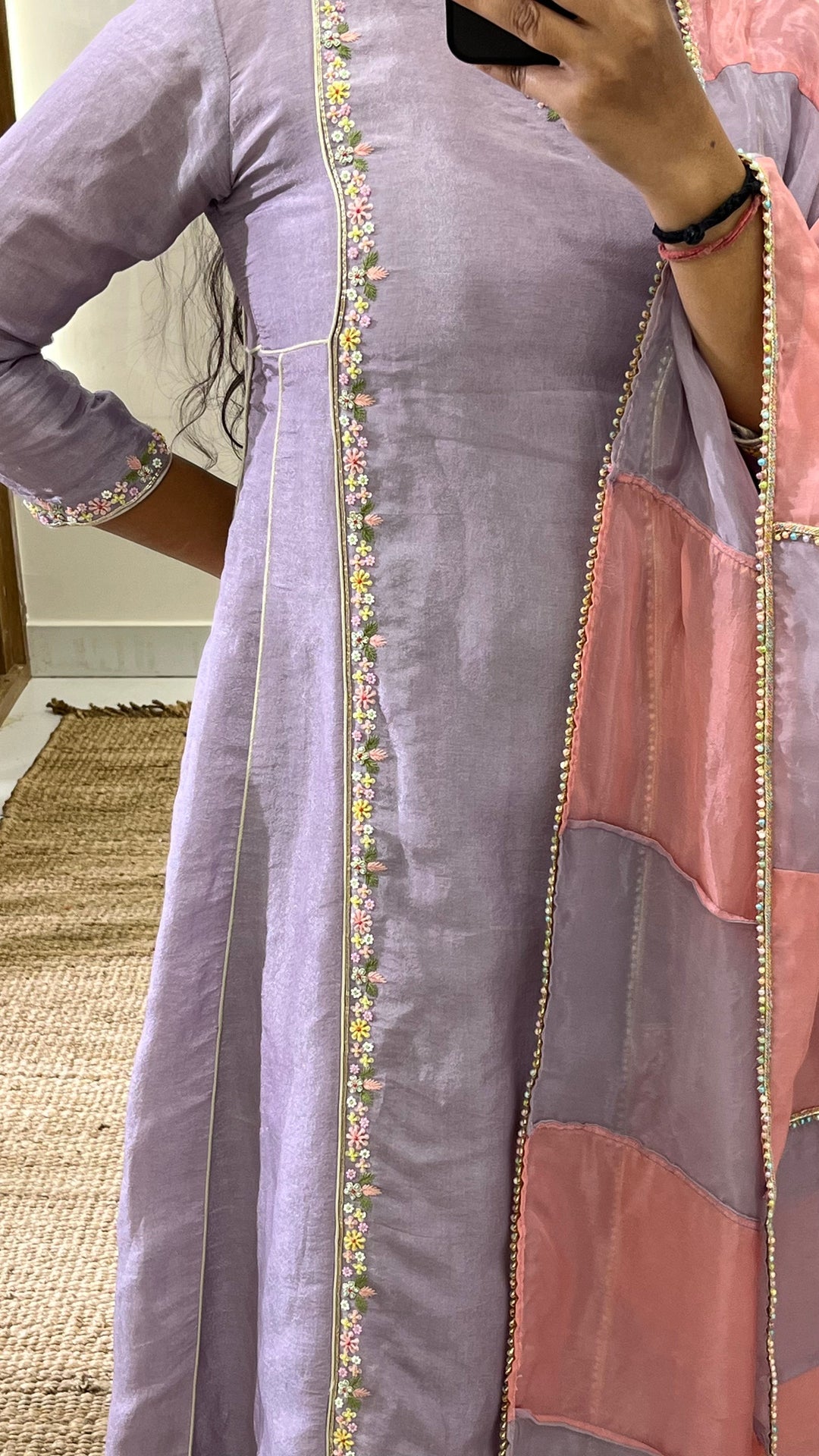 Periwinkle Kurti Set | Elegant Tissue Fabric with Khat Work Panels