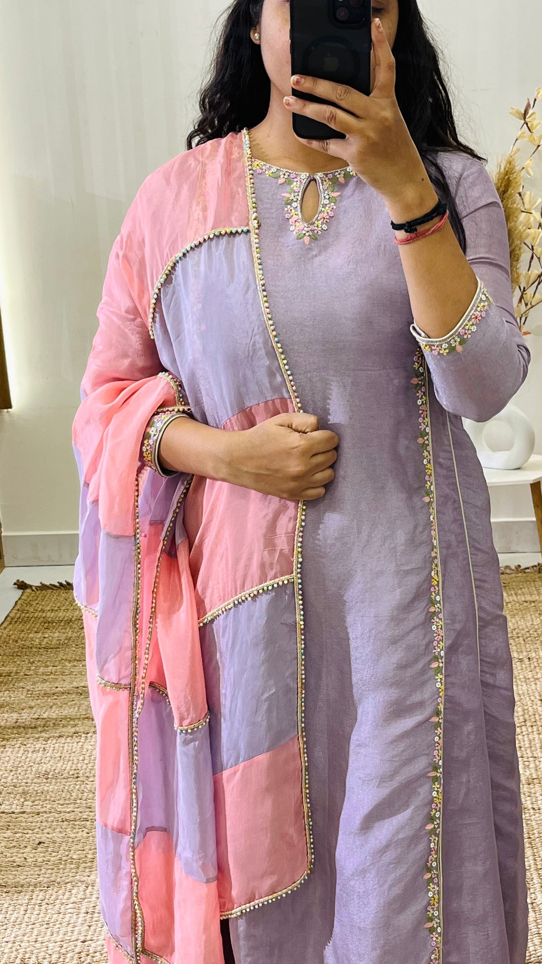 Periwinkle Kurti Set | Elegant Tissue Fabric with Khat Work Panels