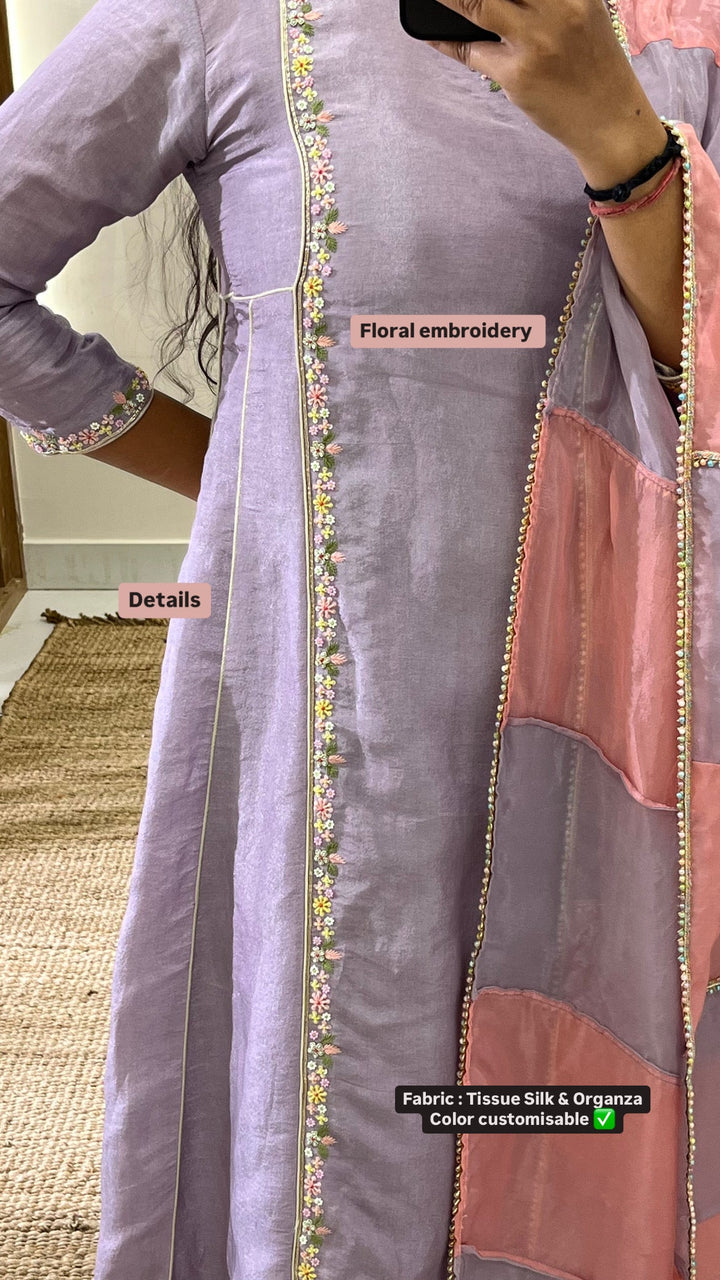 Periwinkle Kurti Set | Elegant Tissue Fabric with Khat Work Panels