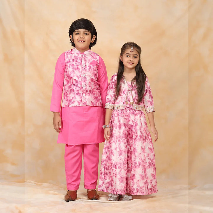 Floral Fuchsia Fiesta: Crop Top and Plazzo Perfection with Matching Kurta Pyjama Twin Set for Brother and Sister