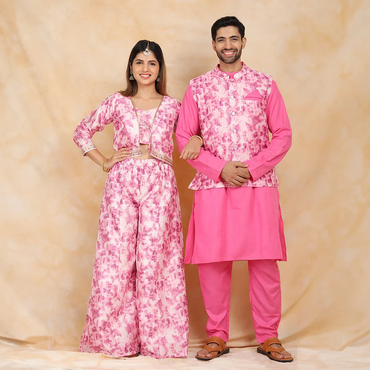 Floral Fuchsia Fiesta: Crop Top and Plazzo Perfection with Matching Kurta Pyjama  Matching Couple Set