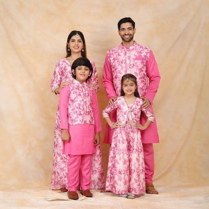 Floral Fuchsia Fiesta: Crop Top and Plazzo Perfection with Matching Kurta Pyjama Family Matching Set