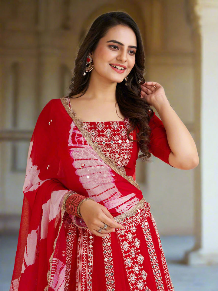 CharmingÃ‚Â Red Thread Work Georgette Navratri Wear Lehenga Choli