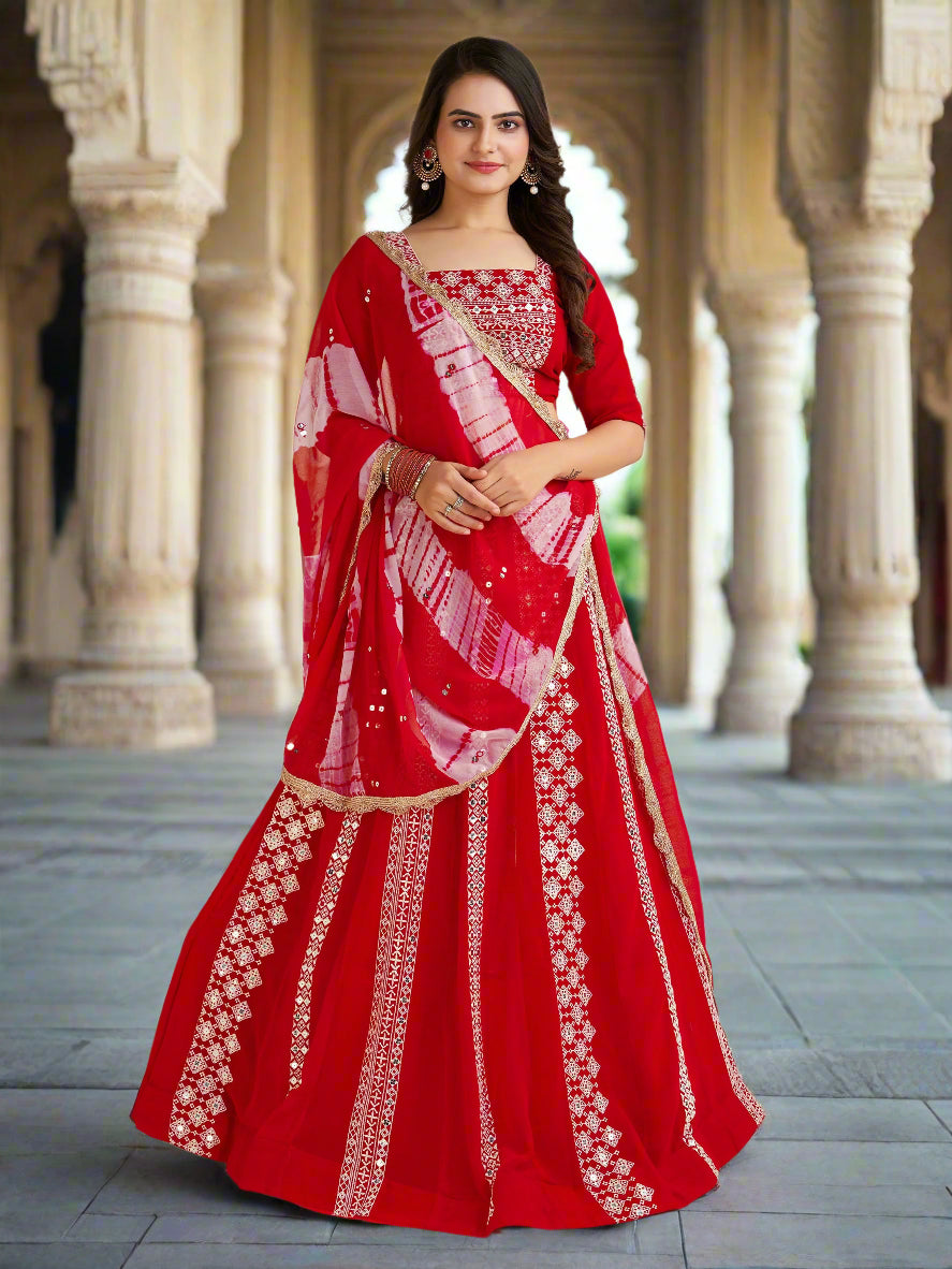 CharmingÃ‚Â Red Thread Work Georgette Navratri Wear Lehenga Choli