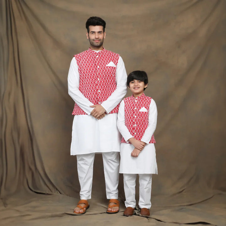 Embroidered Father and Son Matching Outfit in Fuchsia and White threadwork