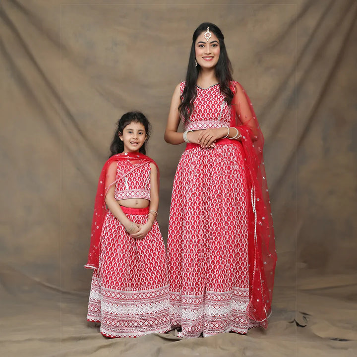 Fuchsia And White Thread work Embroidered Ethnic Mom and Daughter Twin Set