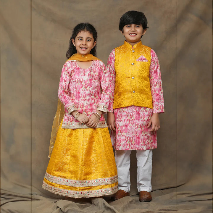 Sunny Yellow and Fuchsia floral Brocade Brother and Sister Twin Set