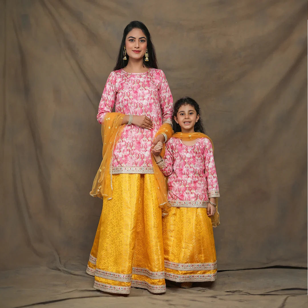 Sunny Yellow and Fuchsia floral Brocade Mother and Daughter Twin Set