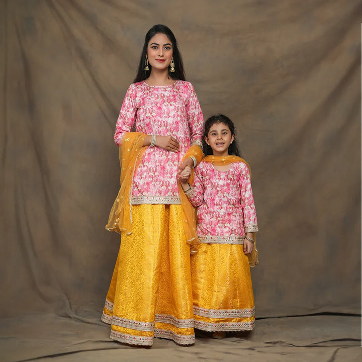 Sunny Yellow and Fuchsia floral Brocade Mother and Daughter Twin Set