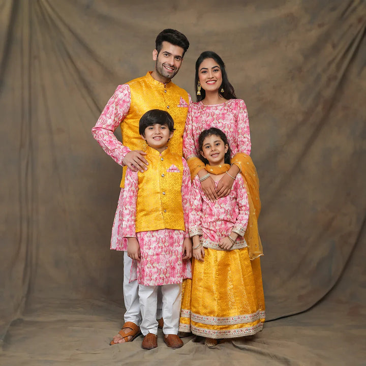 Sunny Yellow and Fuchsia floral Brocade Family Twin Set