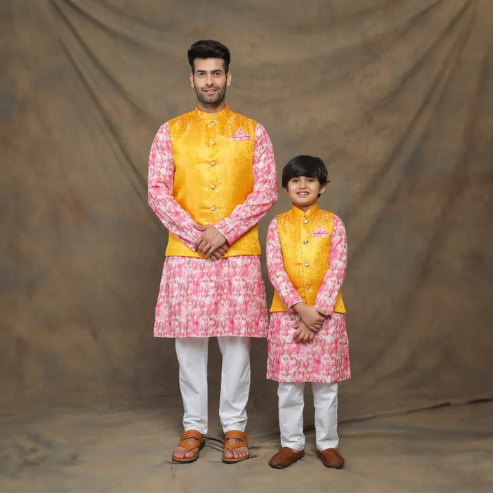 Sunny Yellow and Fuchsia floral Brocade Father and Son Twin Set