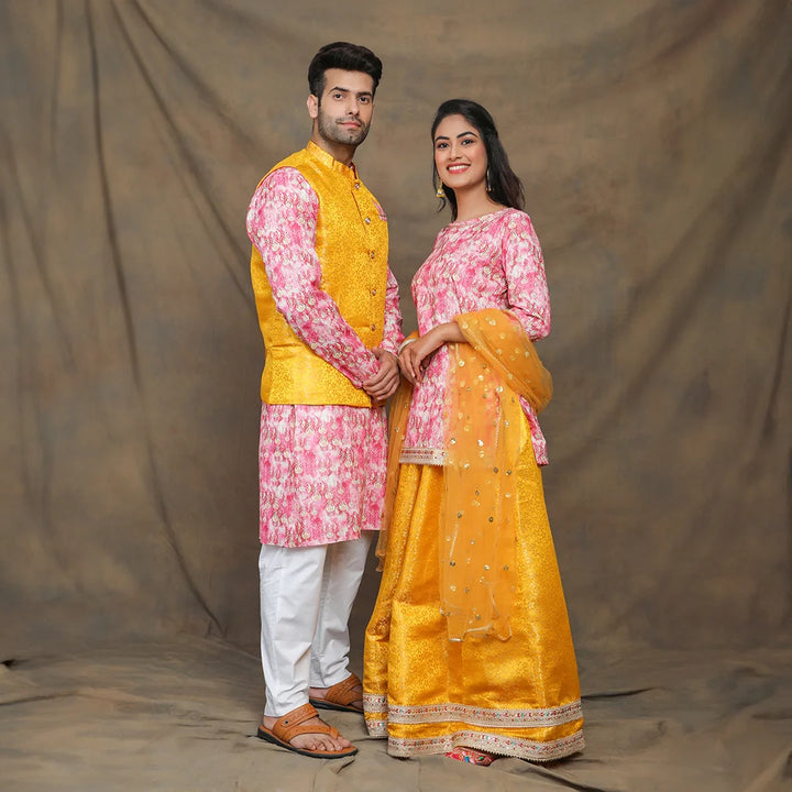Sunny Yellow and Fuchsia floral Brocade Couple Twin Set