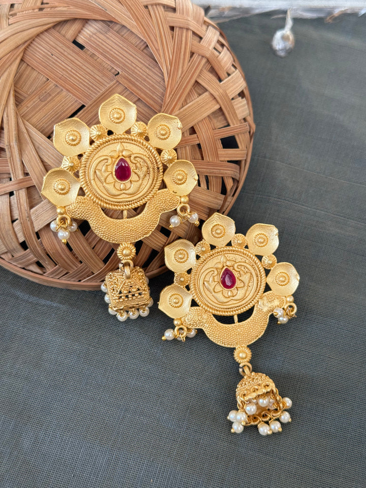 Red Stone Gold | Matte Jhumki Earrings Signature Design