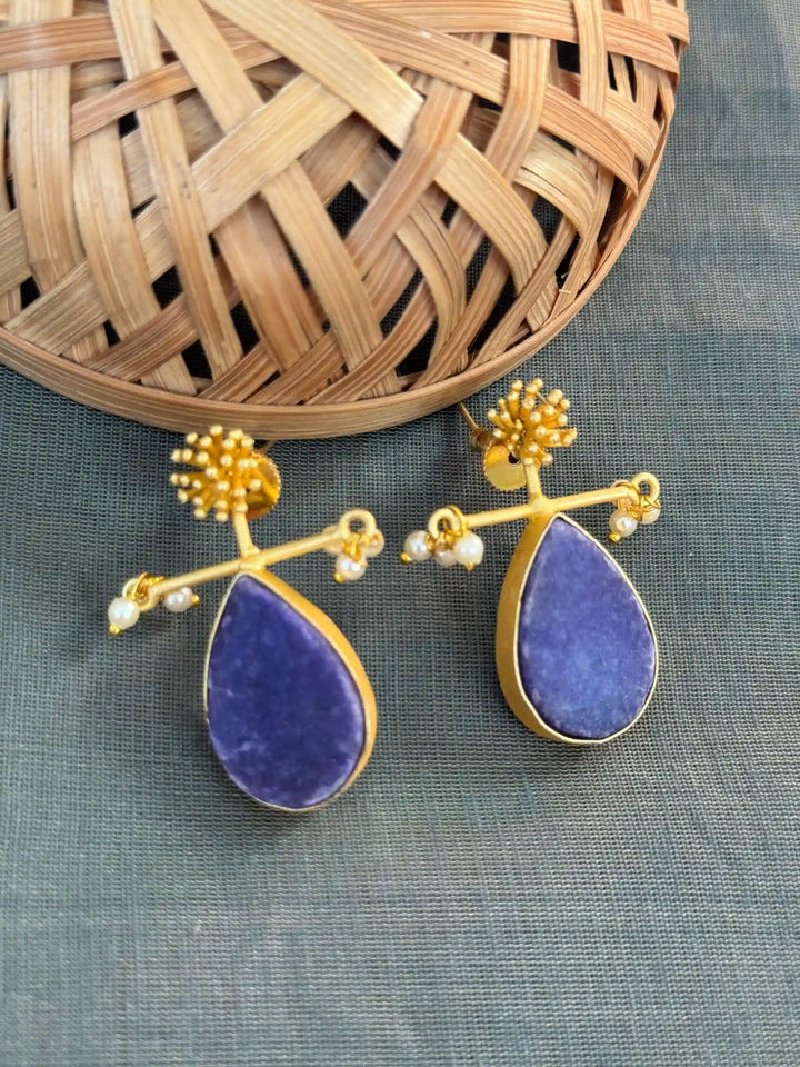 Dark Blue Druzy | Stone Matte Gold Earrings Collection