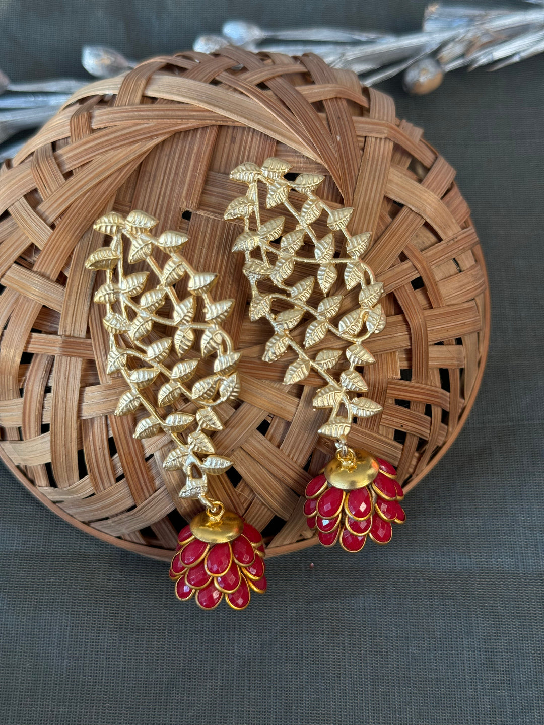 Red Paachi Jhumki | Gold Matte Earrings Style Statement