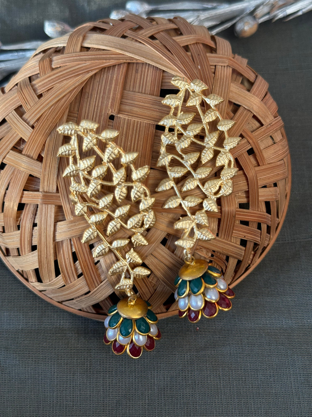 Multicolor Paachi Jhumki | Gold Matte Leaf Earrings Signature Design