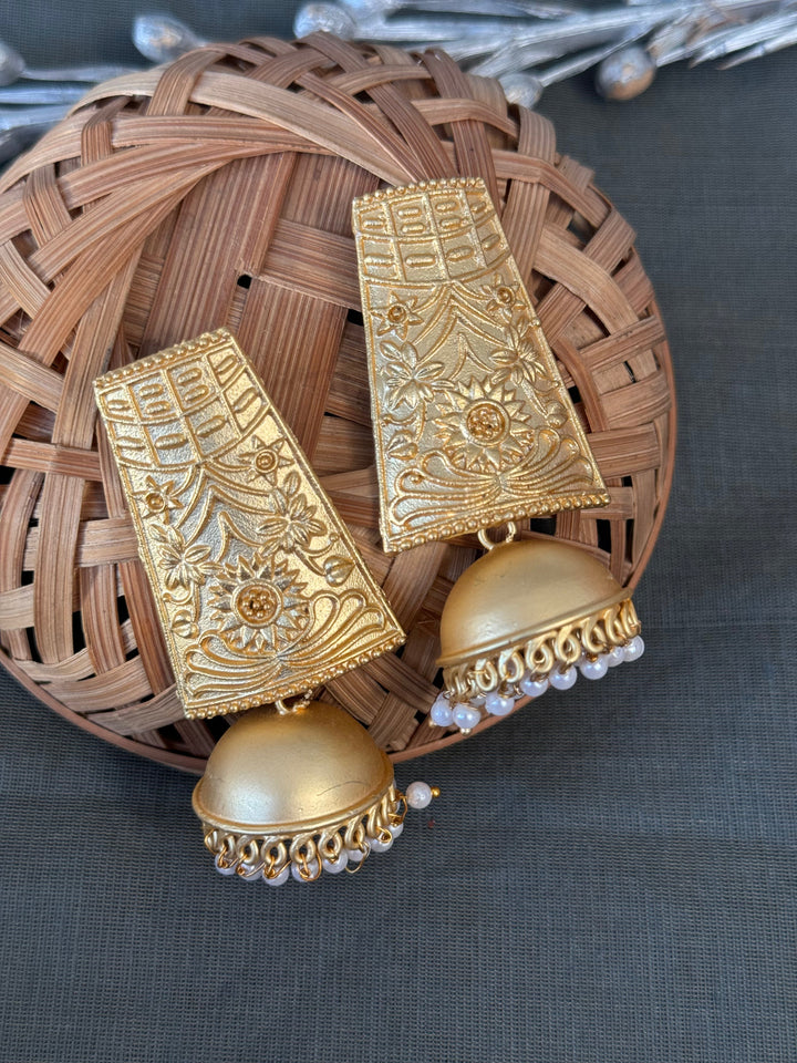 Floral Engraved Matte | Gold Jhumki Earrings Edition