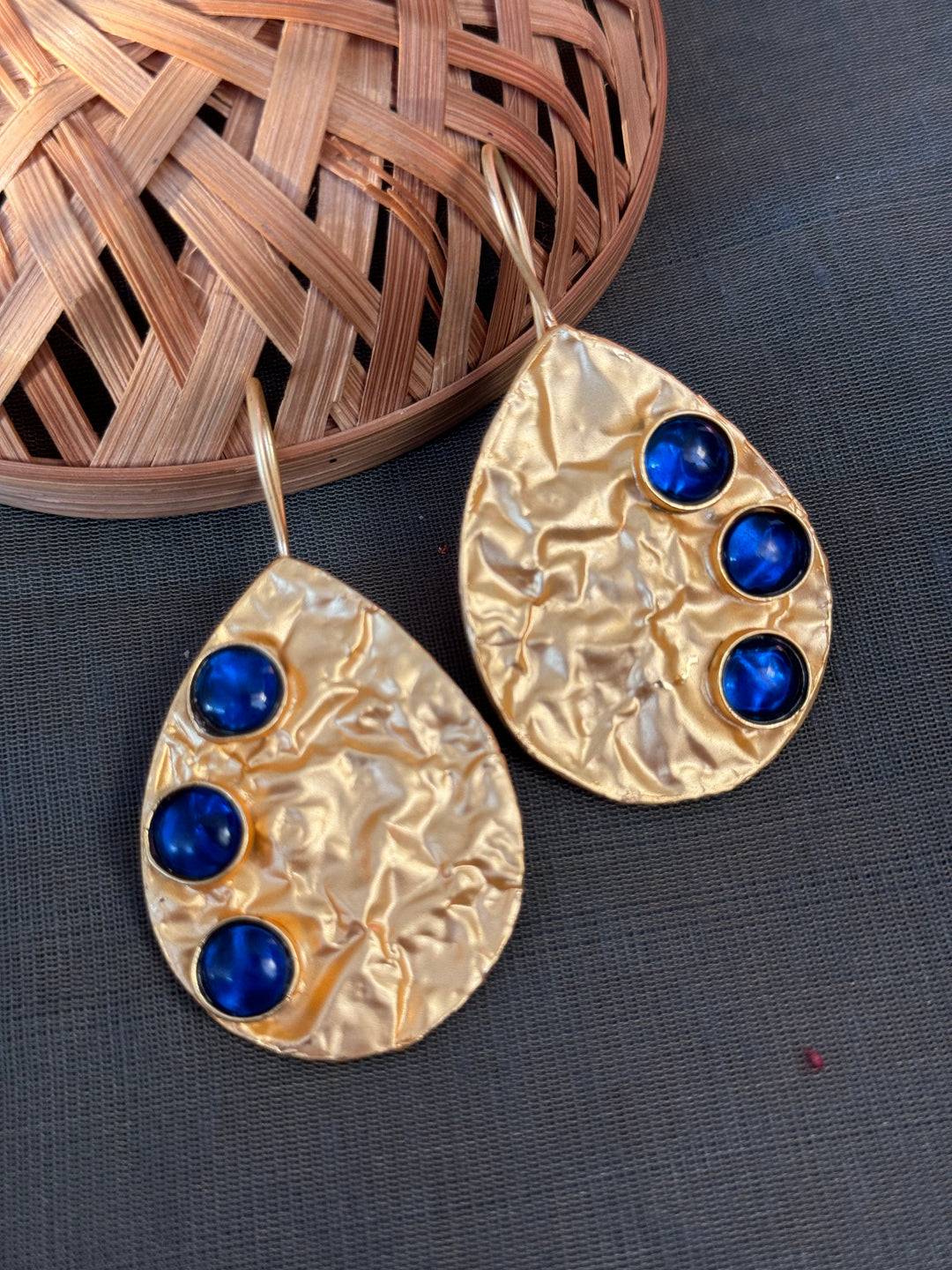 Dark Blue Stone | Drop Matte Gold Earrings Style Statement