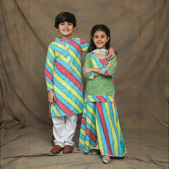 Vibrant Green And Multicolored Leheriya Brother and Sister Twin Set