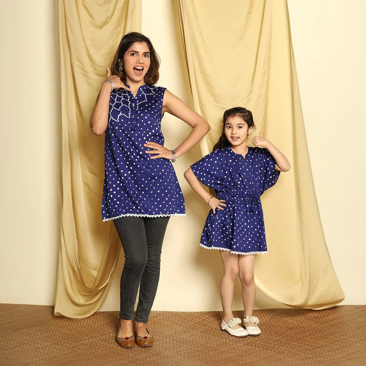 Stylishly Coordinated: Blue Bandhej Printed Tops for Mom and Daughter