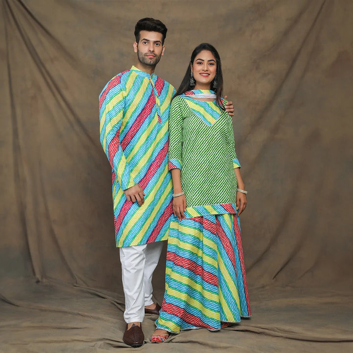 Vibrant Green And Multicolored Leheriya Couple Twin Set