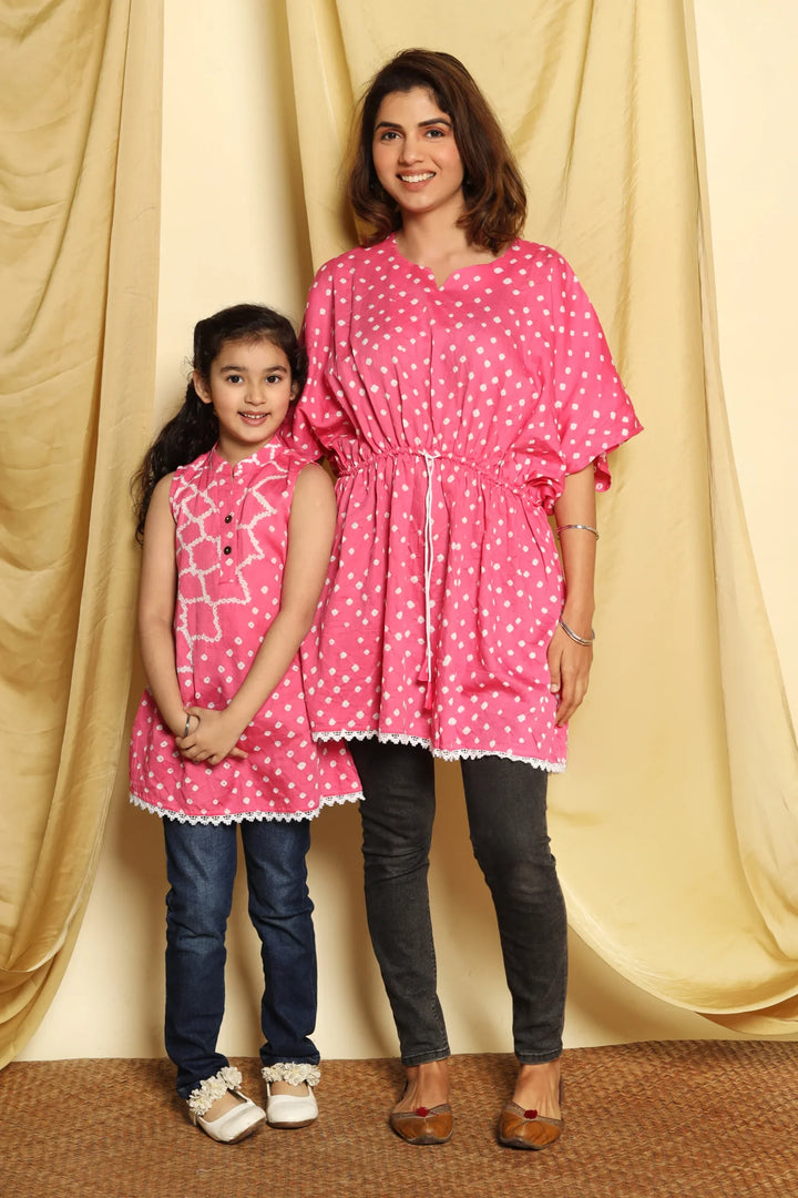 Fuchsia Bandhej Printed Mom and Daughter Top