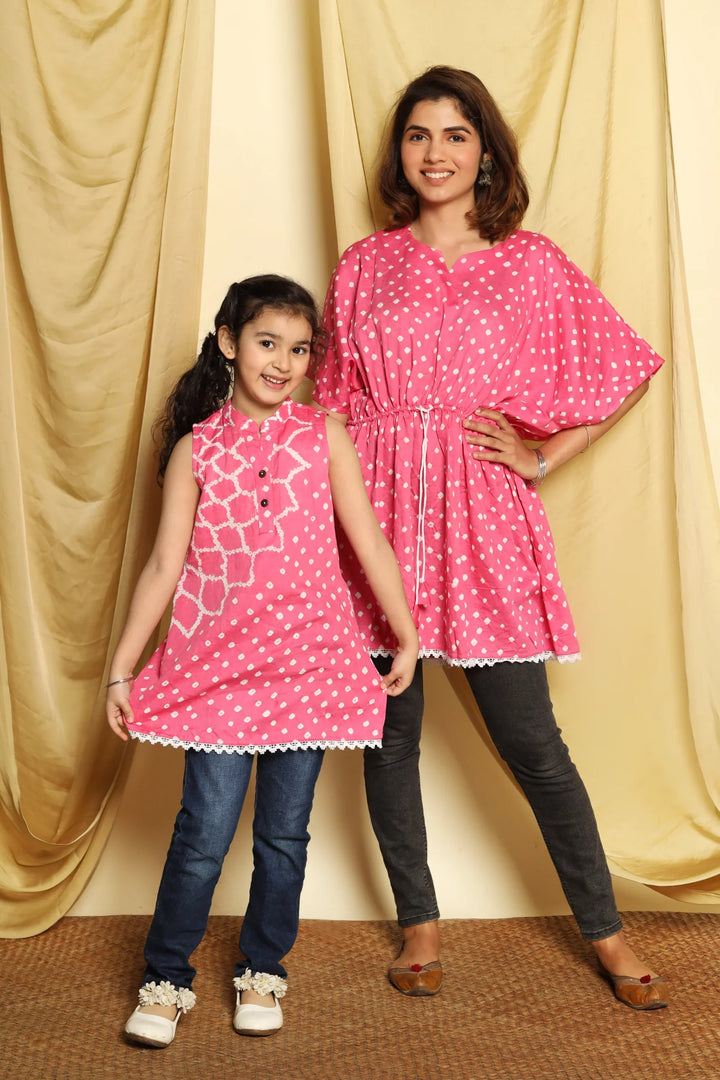 Fuchsia Bandhej Printed Mom and Daughter Top