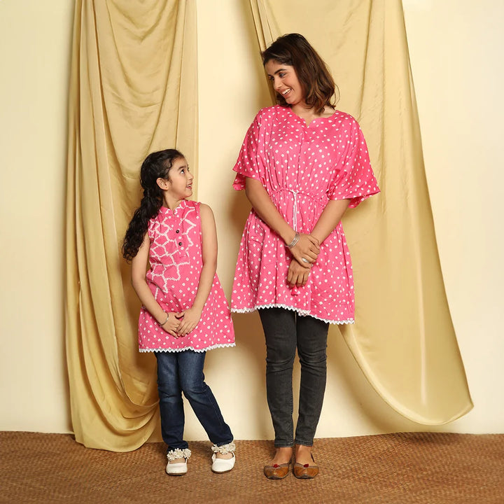 Fuchsia Bandhej Printed Mom and Daughter Top