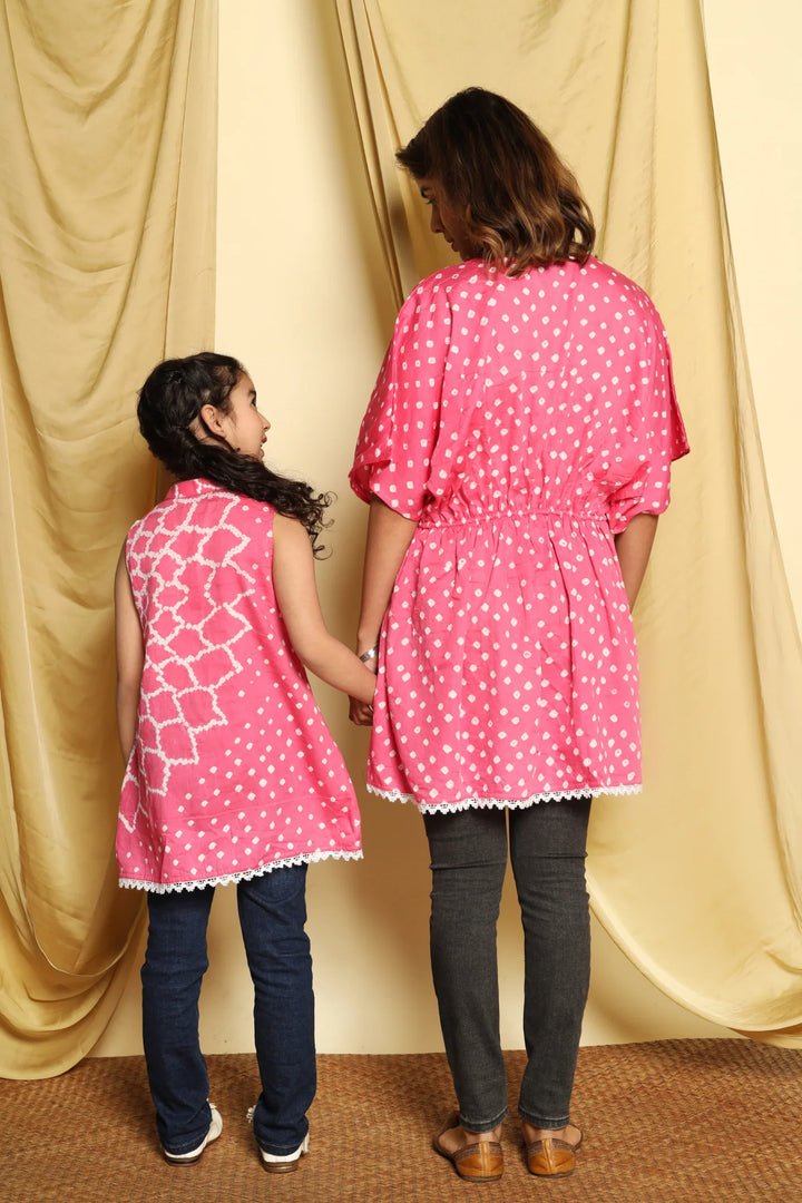 Fuchsia Bandhej Printed Mom and Daughter Top