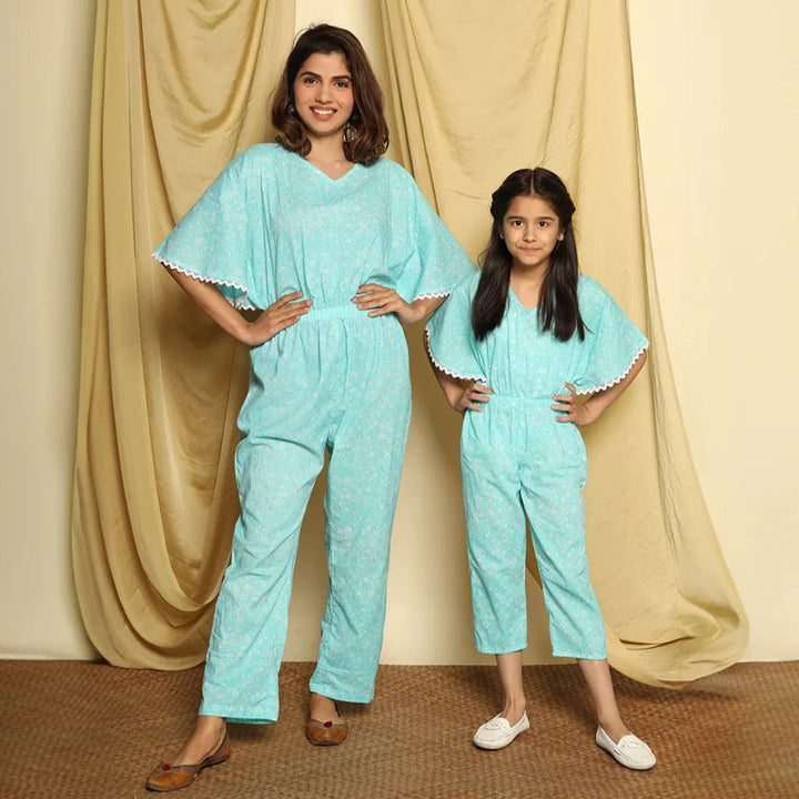 Mom and Daughter Matching Sky Blue Printed Jumpsuit