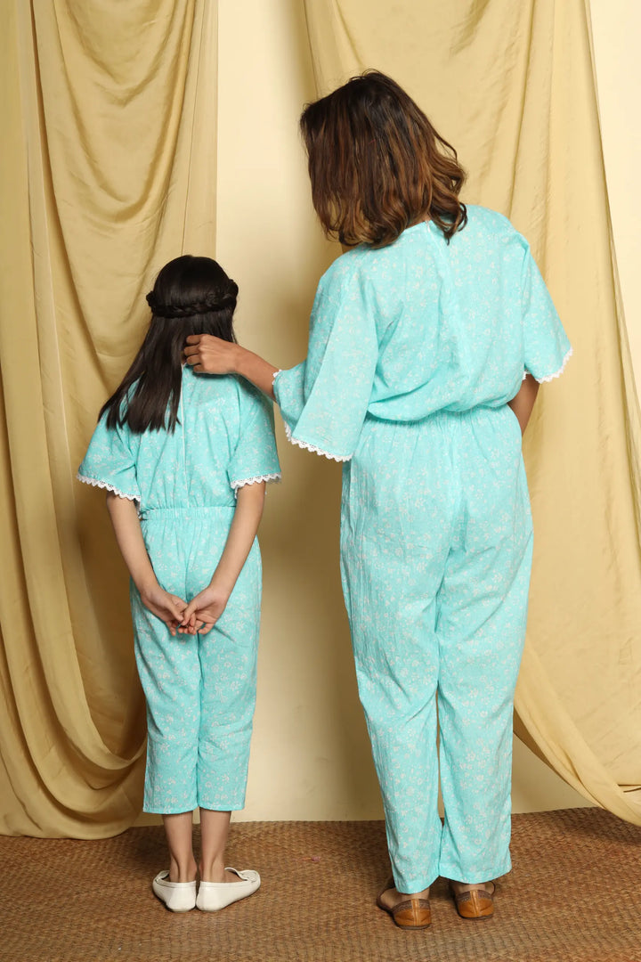 Mom and Daughter Matching Sky Blue Printed Jumpsuit