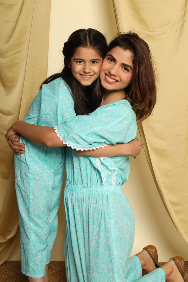 Mom and Daughter Matching Sky Blue Printed Jumpsuit
