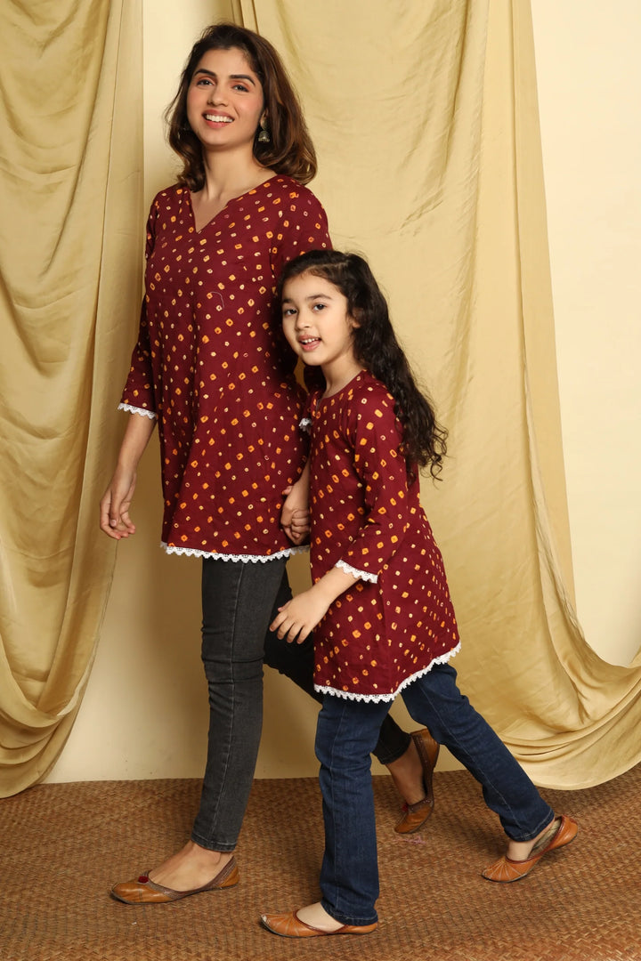 Maroon Printed Mom and Daughter Top