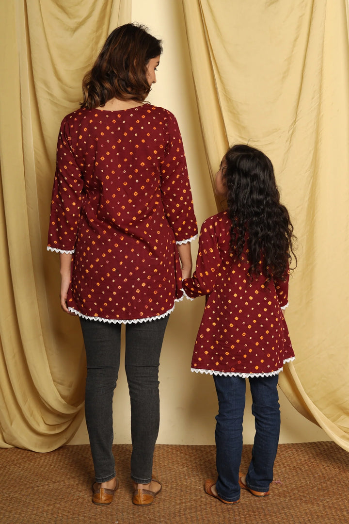 Maroon Printed Mom and Daughter Top