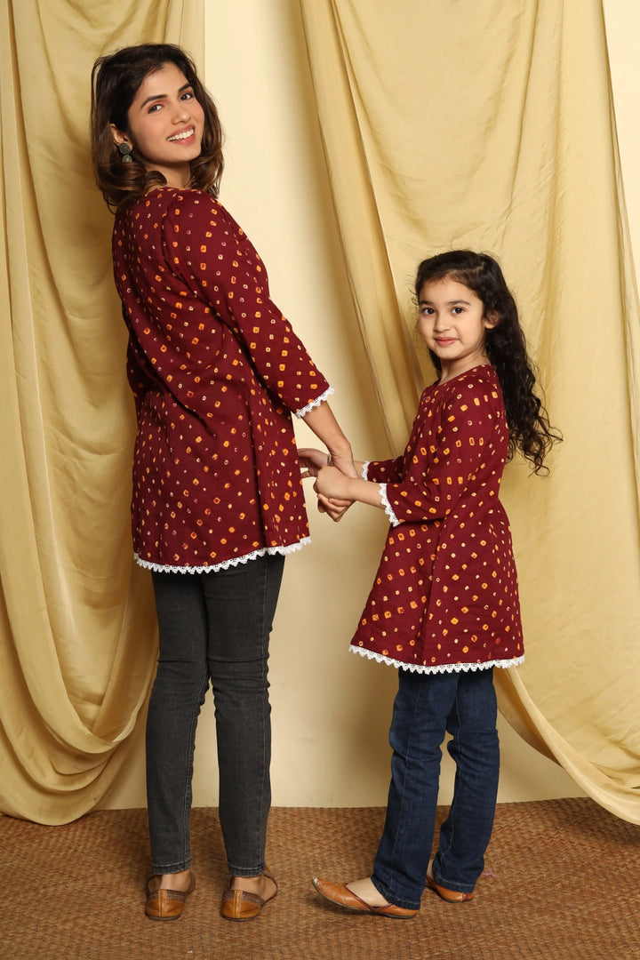 Maroon Printed Mom and Daughter Top