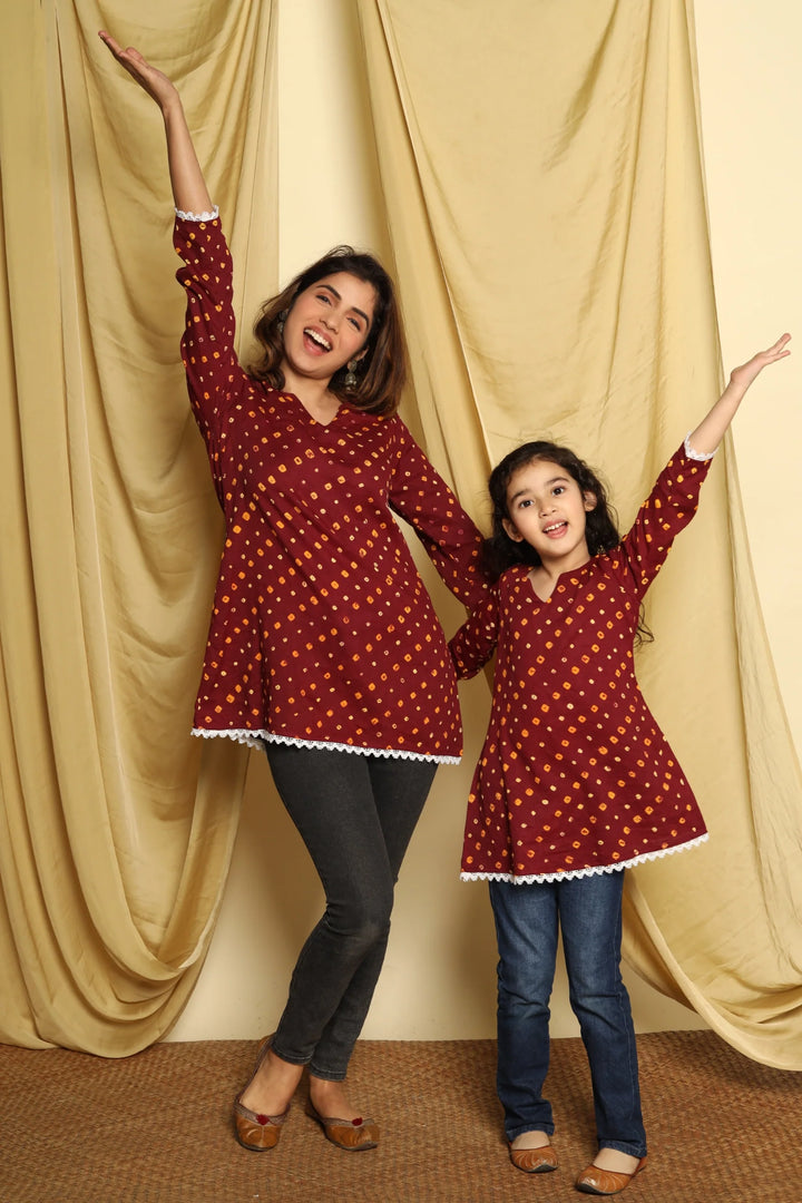 Maroon Printed Mom and Daughter Top