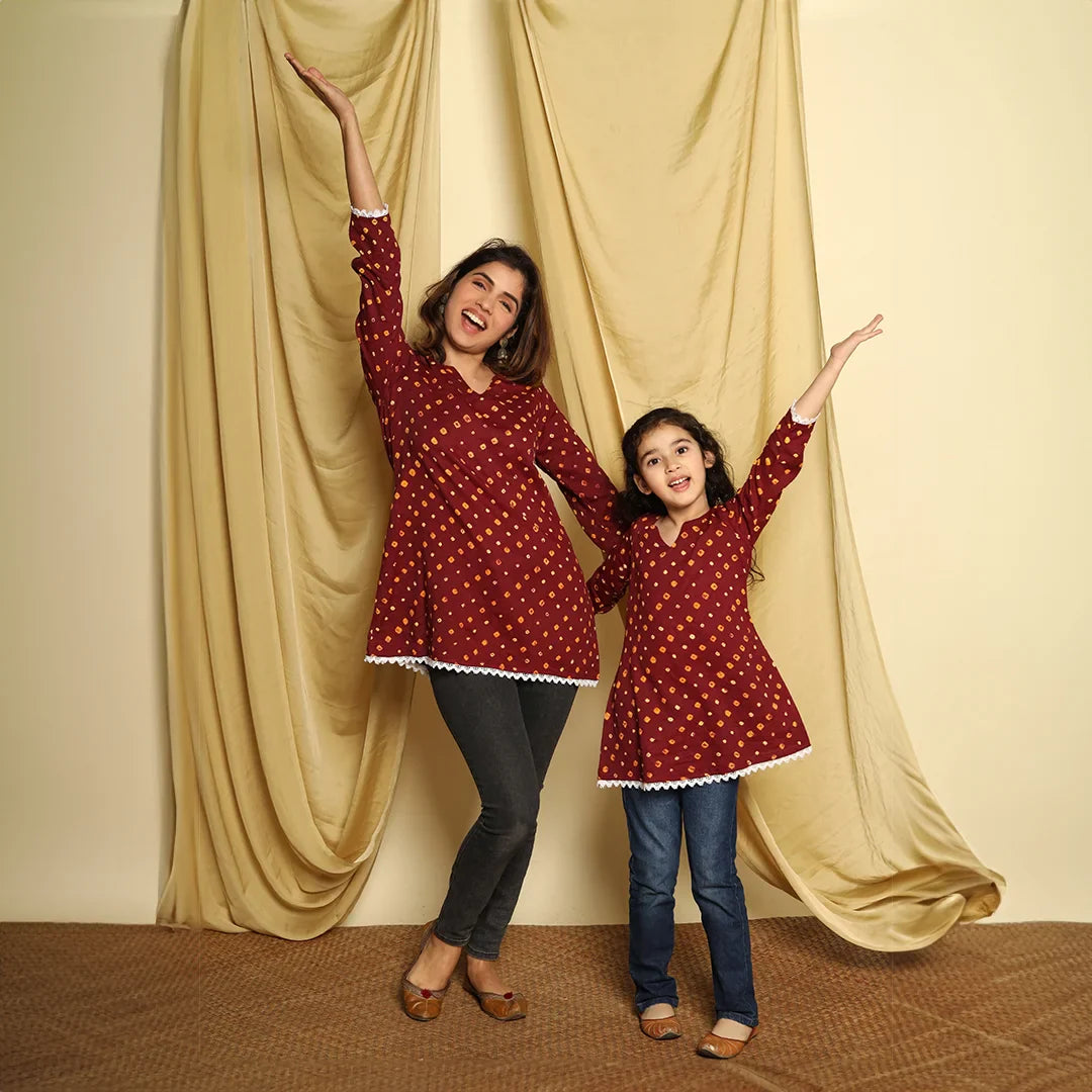 Maroon Printed Mom and Daughter Top