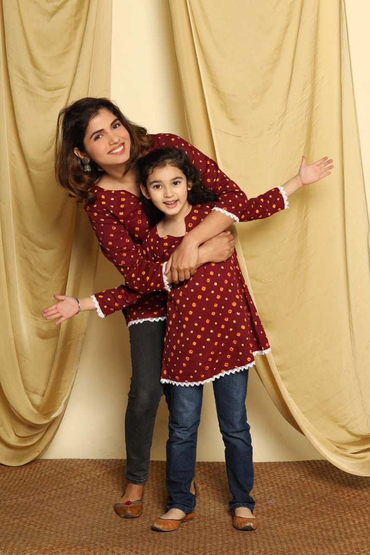 Maroon Printed Mom and Daughter Top