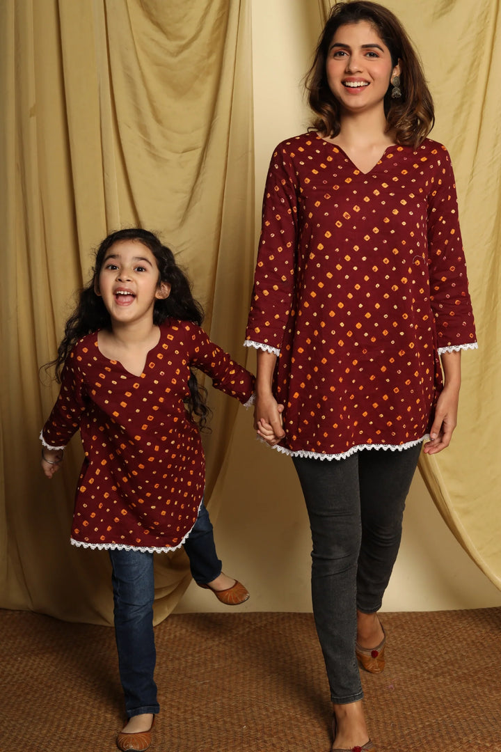 Maroon Printed Mom and Daughter Top