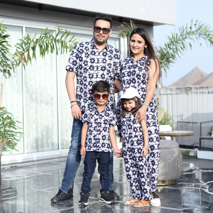 Navy Blue And White Printed Jumpsuit and Shirt Family Twin Set