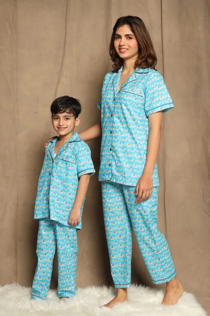Blue Printed Night Suit matching Set For Mom And Son
