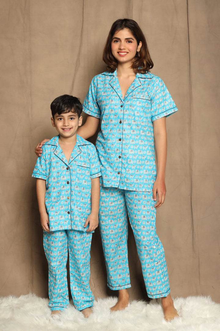 Blue Printed Night Suit matching Set For Mom And Son