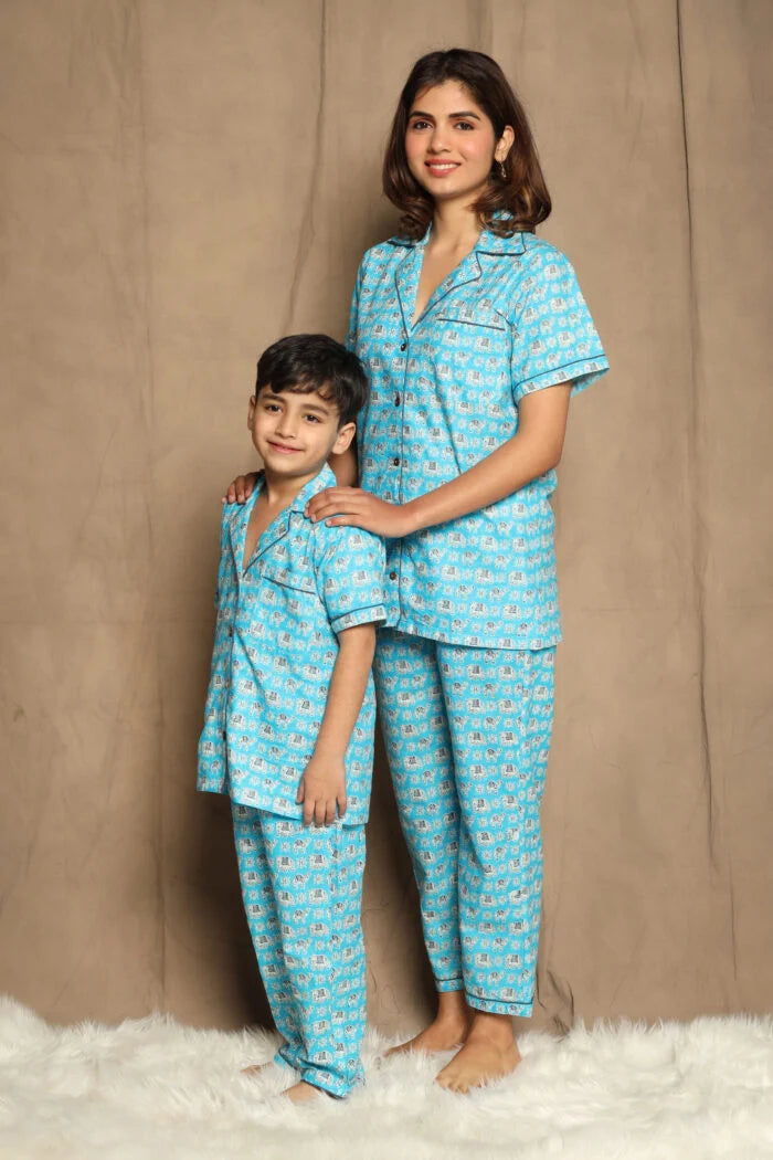 Blue Printed Night Suit matching Set For Mom And Son