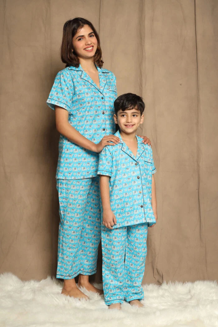 Blue Printed Night Suit matching Set For Mom And Son